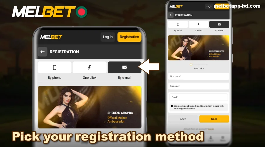 Pick your registration method on the Melbet app