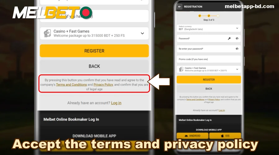 Accept the terms and privacy policy on the Melbet app
